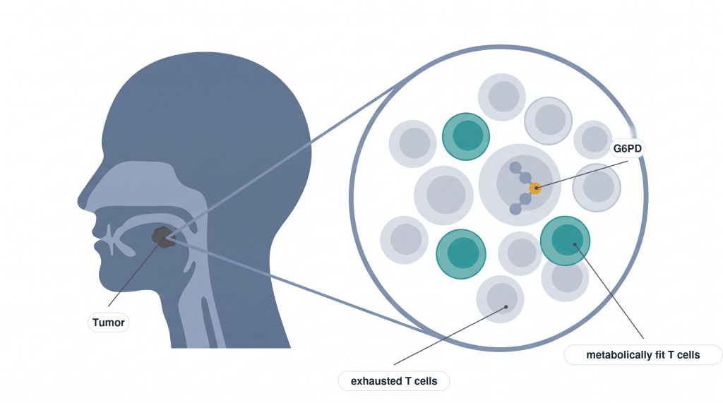 Illustration of a head in profile with a tumor labeled in the mouth. A magnified circle shows immune cells inside the tumor: mostly gray cells labeled exhausted T cells, a few teal cells labeled metabolically fit T cells, and a larger central cell with the enzyme G6PD highlighted. Conceptual illustration; no data are shown.